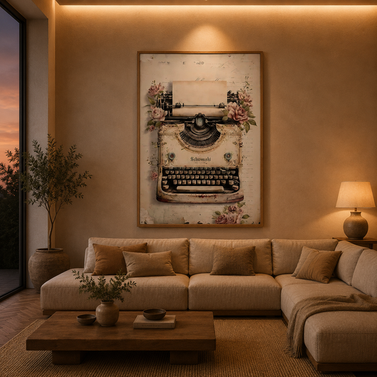 Vintage Typewriter With Roses acoustic painting on PET felt canvas