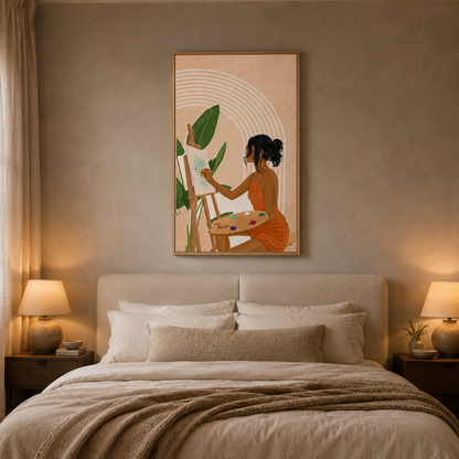 Woman Painting At Easel acoustic painting on PET felt canvas