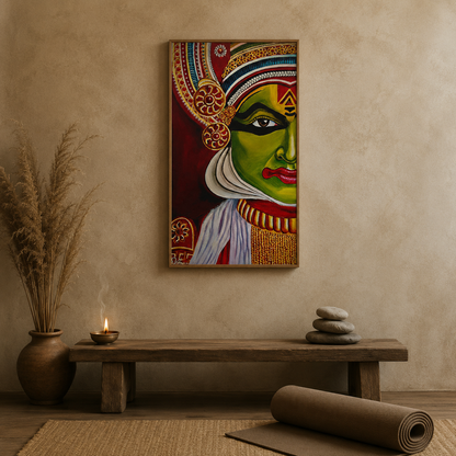 Kathakali Face Green Red acoustic painting on PET felt canvas