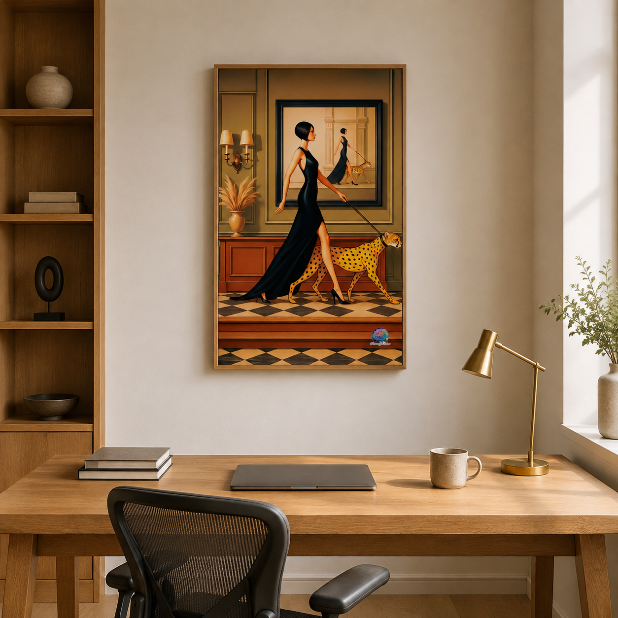 Deco Woman With Cheetah acoustic painting on PET felt canvas
