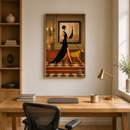 Deco Woman With Cheetah acoustic painting on PET felt canvas
