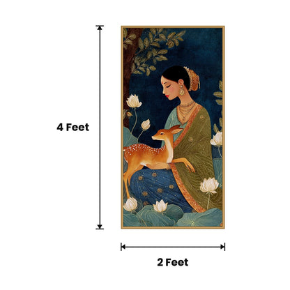 Woman With Deer Lotus acoustic painting size guide, 4 x 2 ft