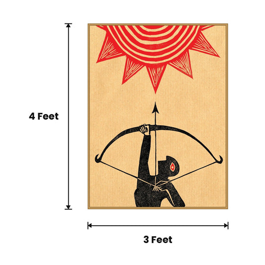Archer With Red Sun Blockprint acoustic painting size guide, 4 x 3 ft