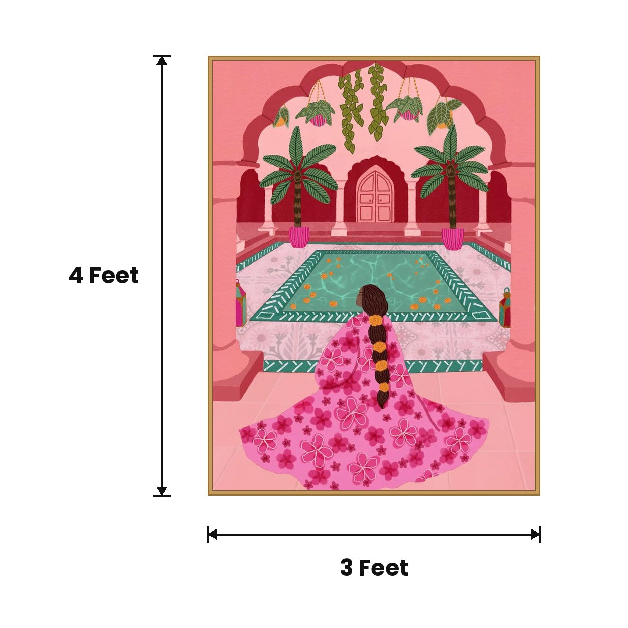 Woman At Palace Pool Pink acoustic painting size guide, 4 x 3 ft