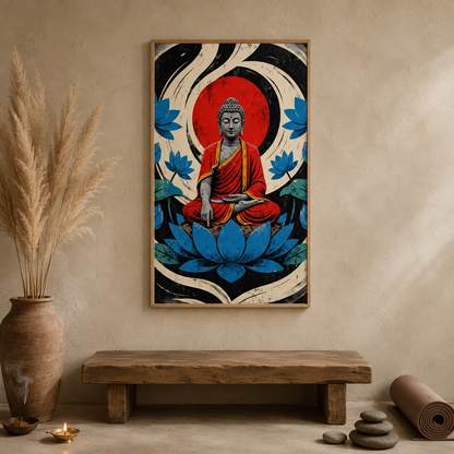 Buddha Red Black Lotus acoustic painting on PET felt canvas