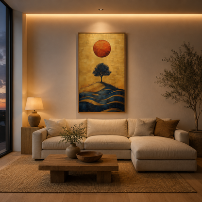 Tree With Red Sun Gold acoustic painting on PET felt canvas