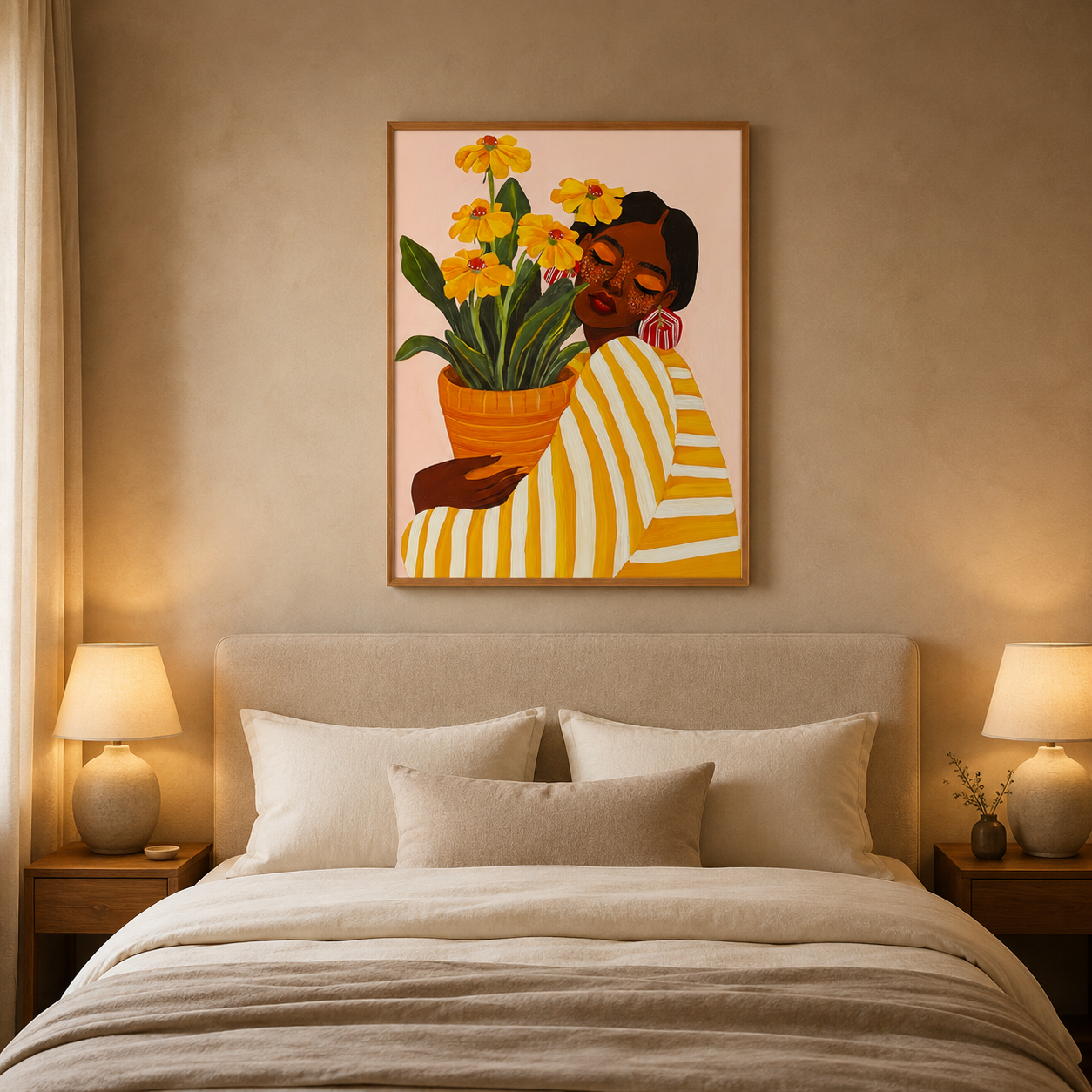 Woman With Yellow Flowerpot acoustic painting on PET felt canvas