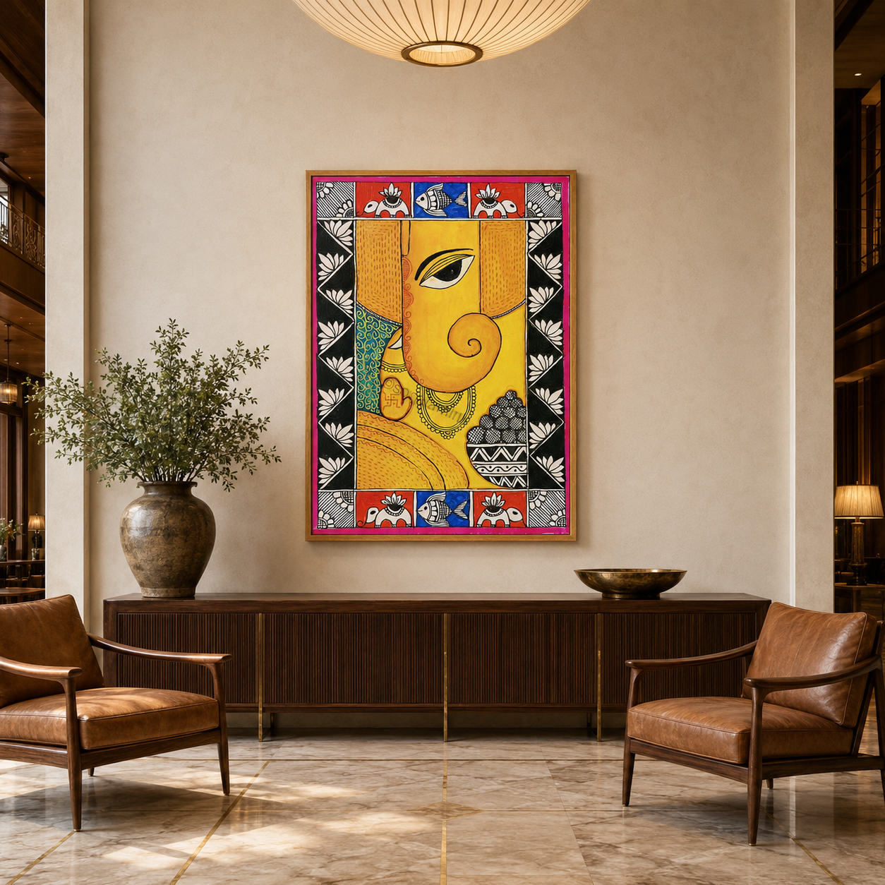 Madhubani Yellow Face acoustic painting on PET felt canvas