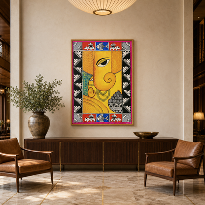 Madhubani Yellow Face acoustic painting on PET felt canvas
