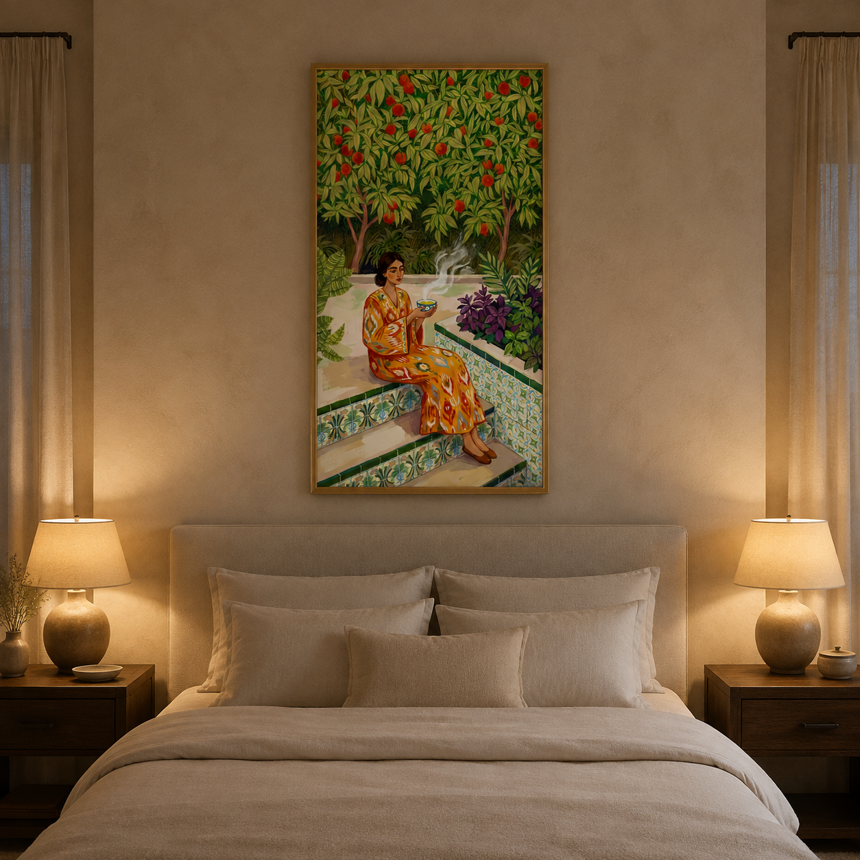 Woman On Tiled Garden Steps acoustic painting on PET felt canvas