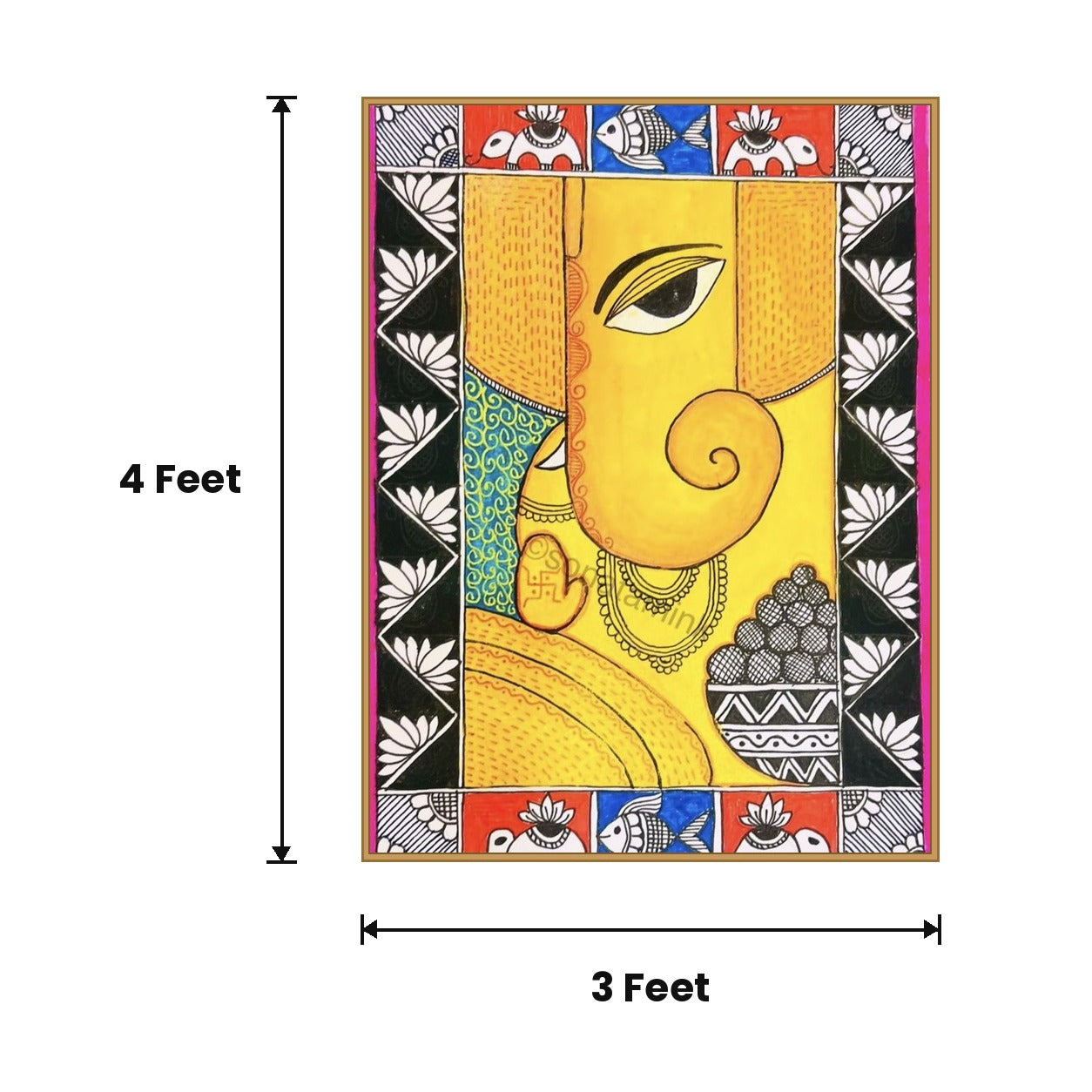 Madhubani Yellow Face acoustic painting size guide, 4 x 3 ft