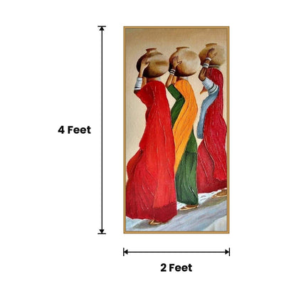 Three Women Red Sarees acoustic painting size guide, 4 x 2 ft