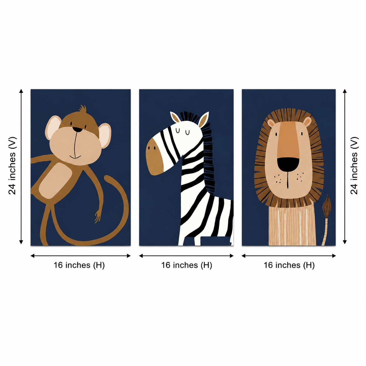 Jungle Friends acoustic painting set of 3 shown installed on a kids room wall