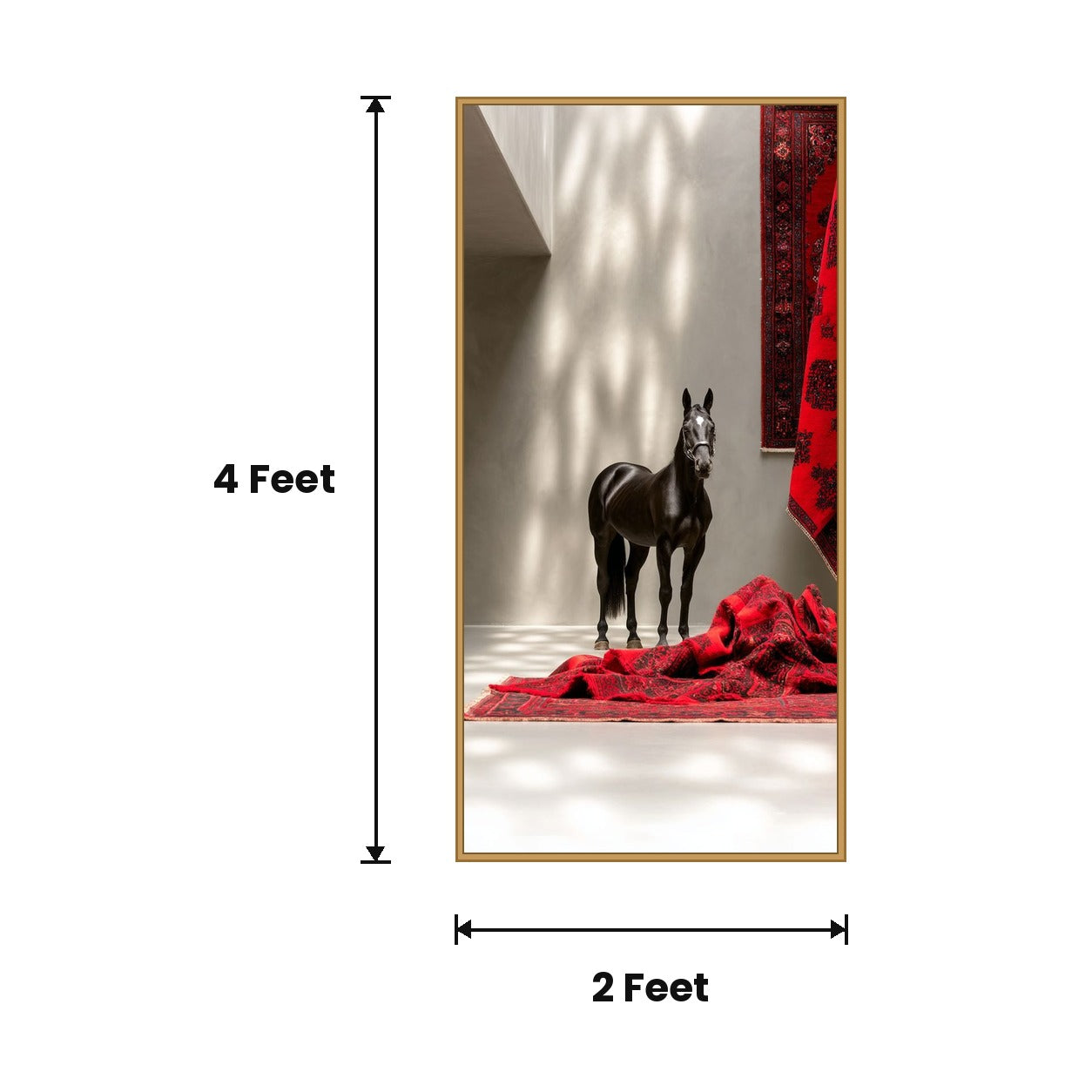 Black Horse With Red Rugs acoustic painting size guide, 4 x 2 ft
