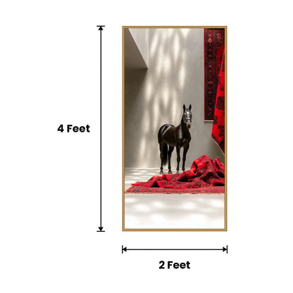 Black Horse With Red Rugs acoustic painting size guide, 4 x 2 ft