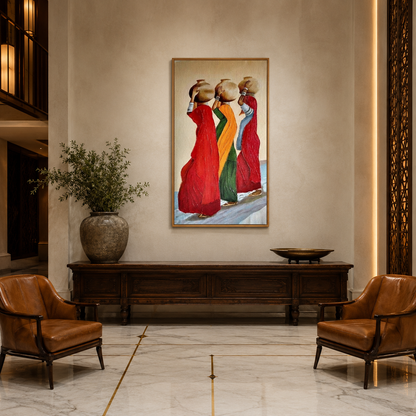 Three Women Red Sarees acoustic painting on PET felt canvas