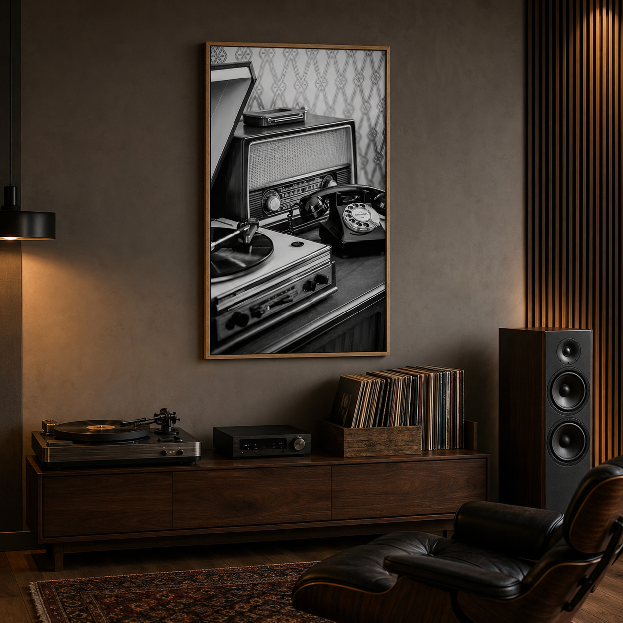 Vintage Radio Phone Monochrome acoustic painting on PET felt canvas