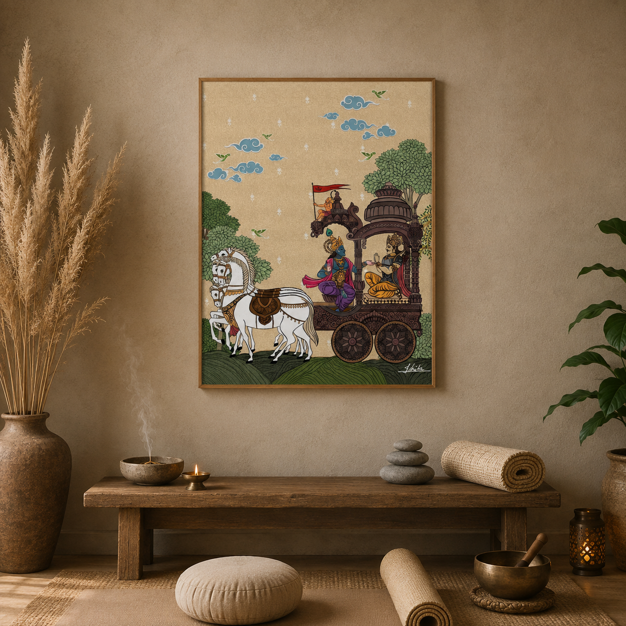 Krishna Arjuna Chariot Folk acoustic painting on PET felt canvas