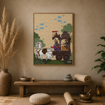 Krishna Arjuna Chariot Folk acoustic painting on PET felt canvas