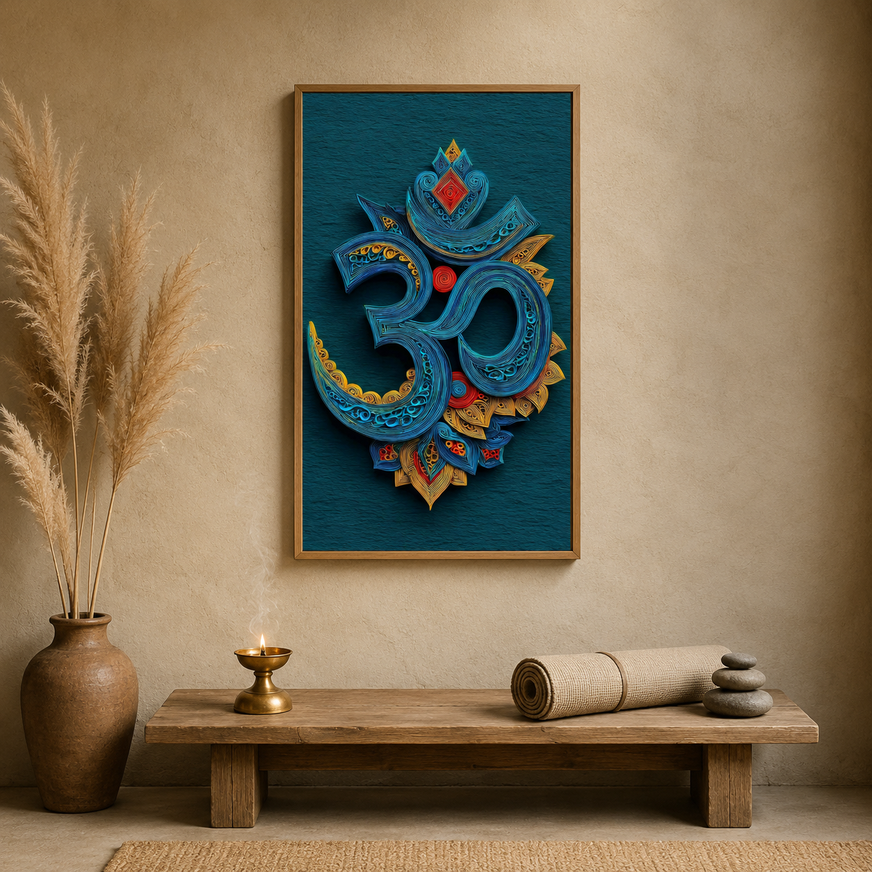 Om Teal Relief acoustic painting on PET felt canvas