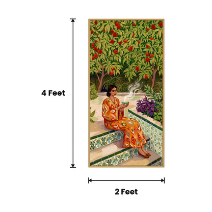 Woman On Tiled Garden Steps acoustic painting size guide, 4 x 2 ft
