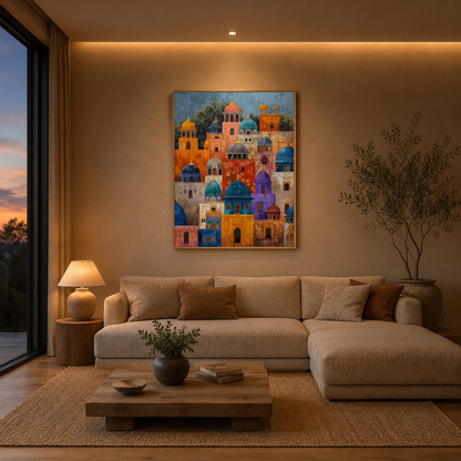 Blue City Rooftops acoustic painting on PET felt canvas