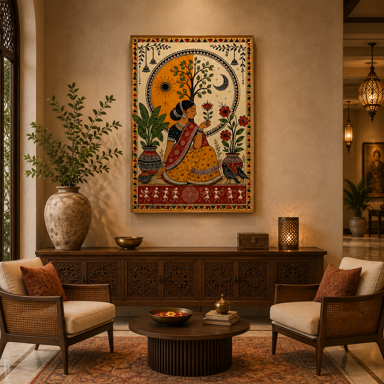 Madhubani Dancers Golden acoustic painting on PET felt canvas