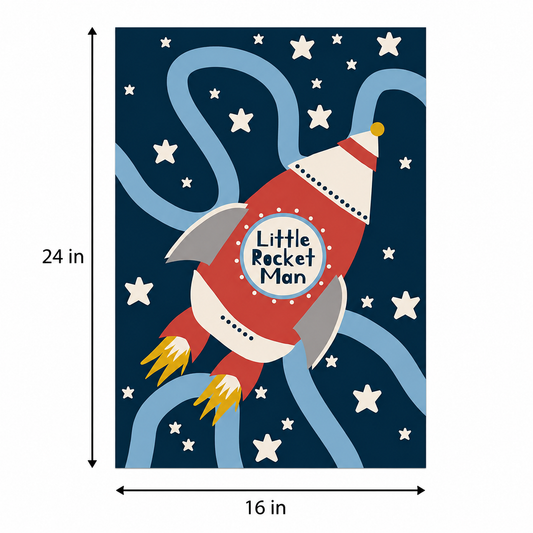 Rocket Man acoustic painting shown installed on a kids room wall