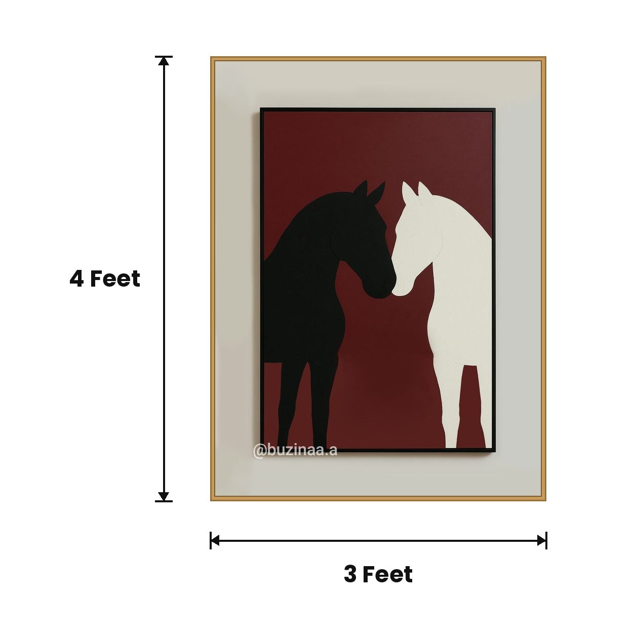 Horse Pair Maroon Framed acoustic painting size guide, 4 x 3 ft