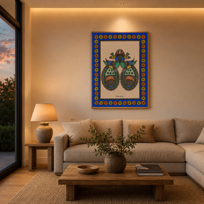 Peacock Pair Blue Border acoustic painting on PET felt canvas