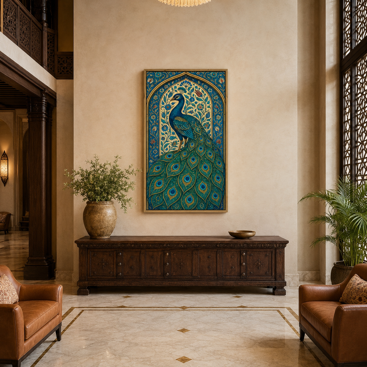 Peacock Blue Arch Panel acoustic painting on PET felt canvas