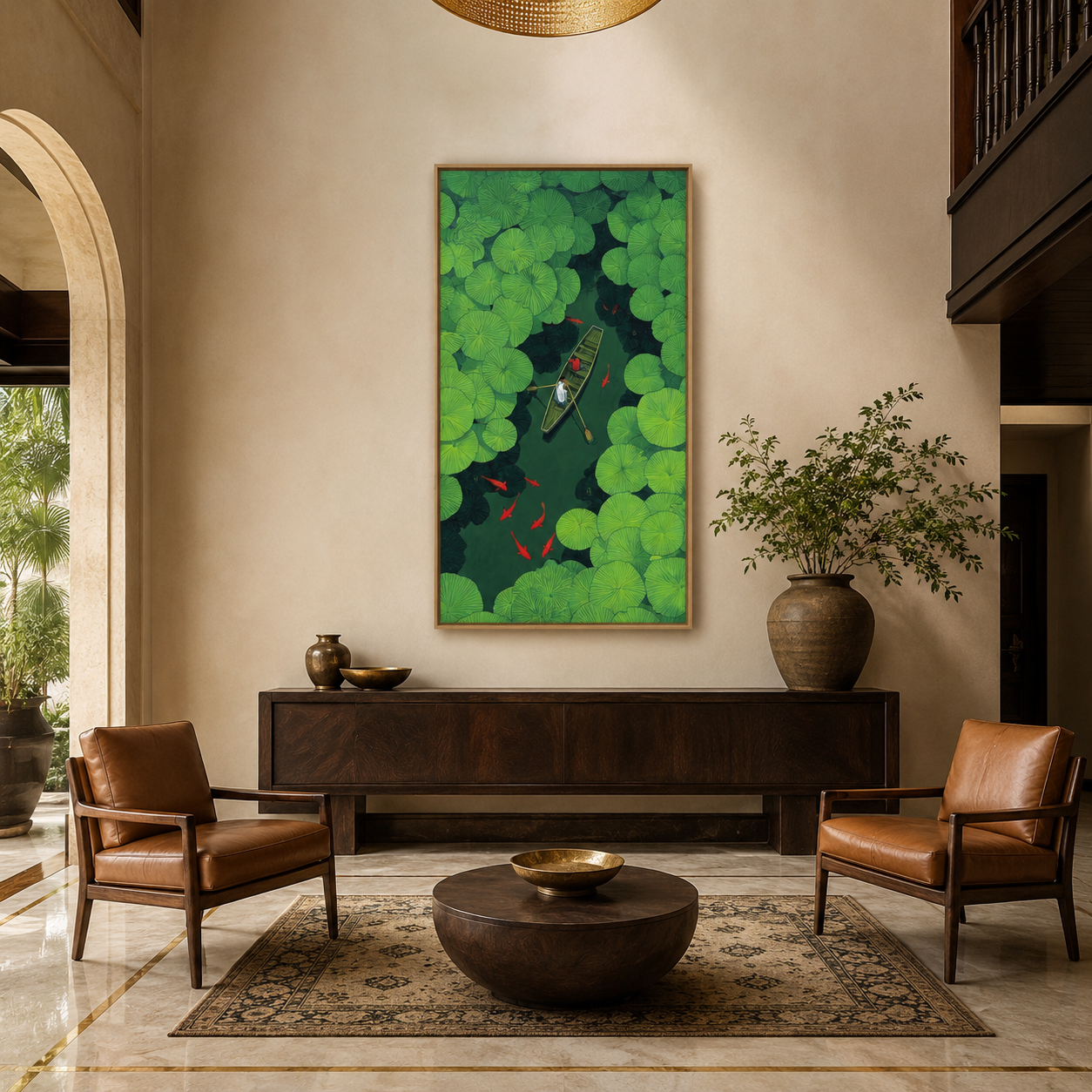 Boat On Lily Pond Green acoustic painting on PET felt canvas