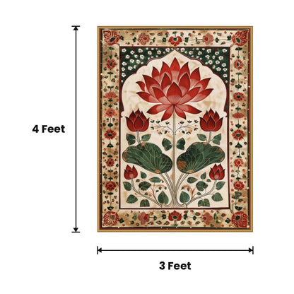 Lotus Red Pichwai Border acoustic painting size guide, 4 x 3 ft