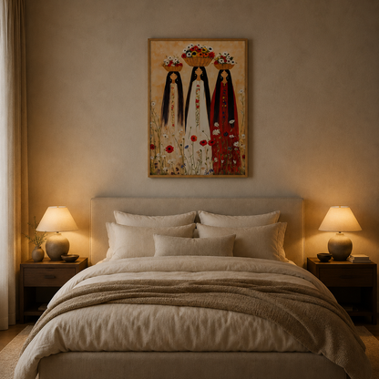 Three Women Flower Baskets acoustic painting on PET felt canvas