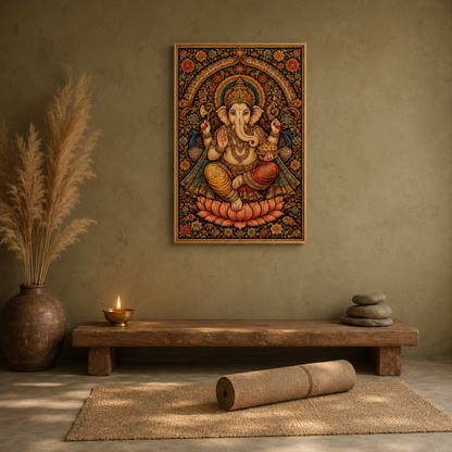 Ganesha Green Vintage acoustic painting on PET felt canvas