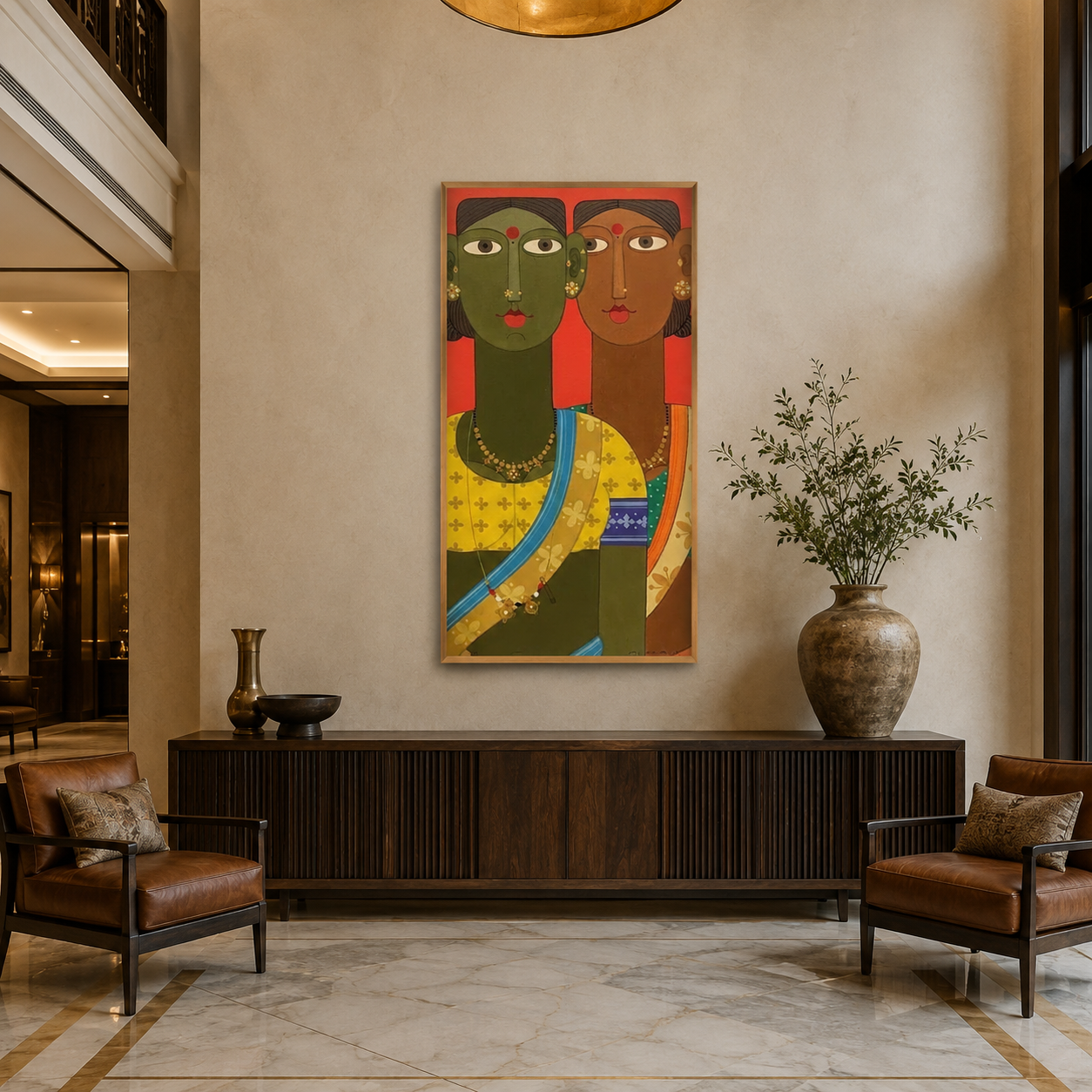 Tribal Women Yellow acoustic painting on PET felt canvas