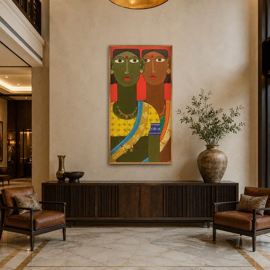 Tribal Women Yellow acoustic painting on PET felt canvas