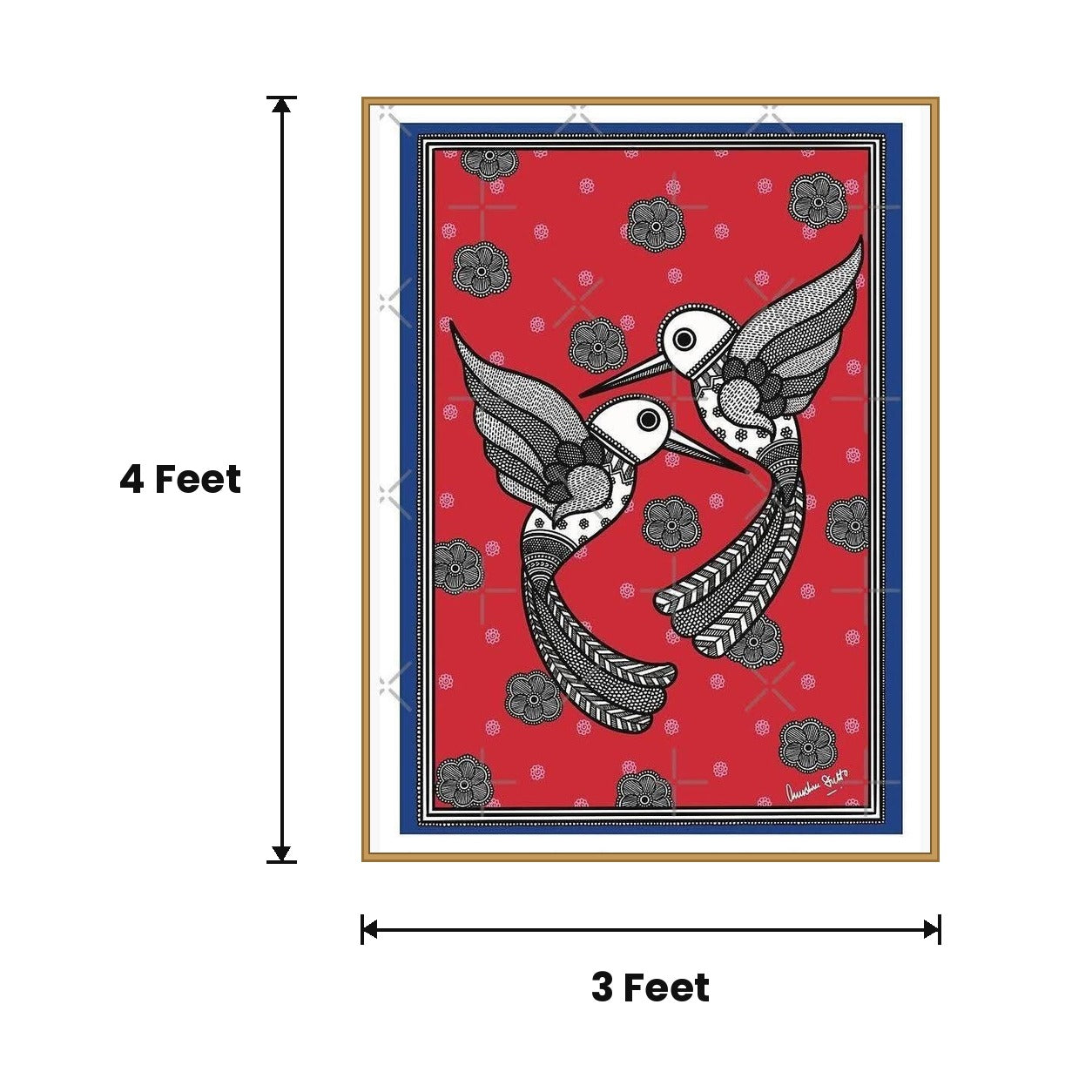 White Birds On Red acoustic painting size guide, 4 x 3 ft