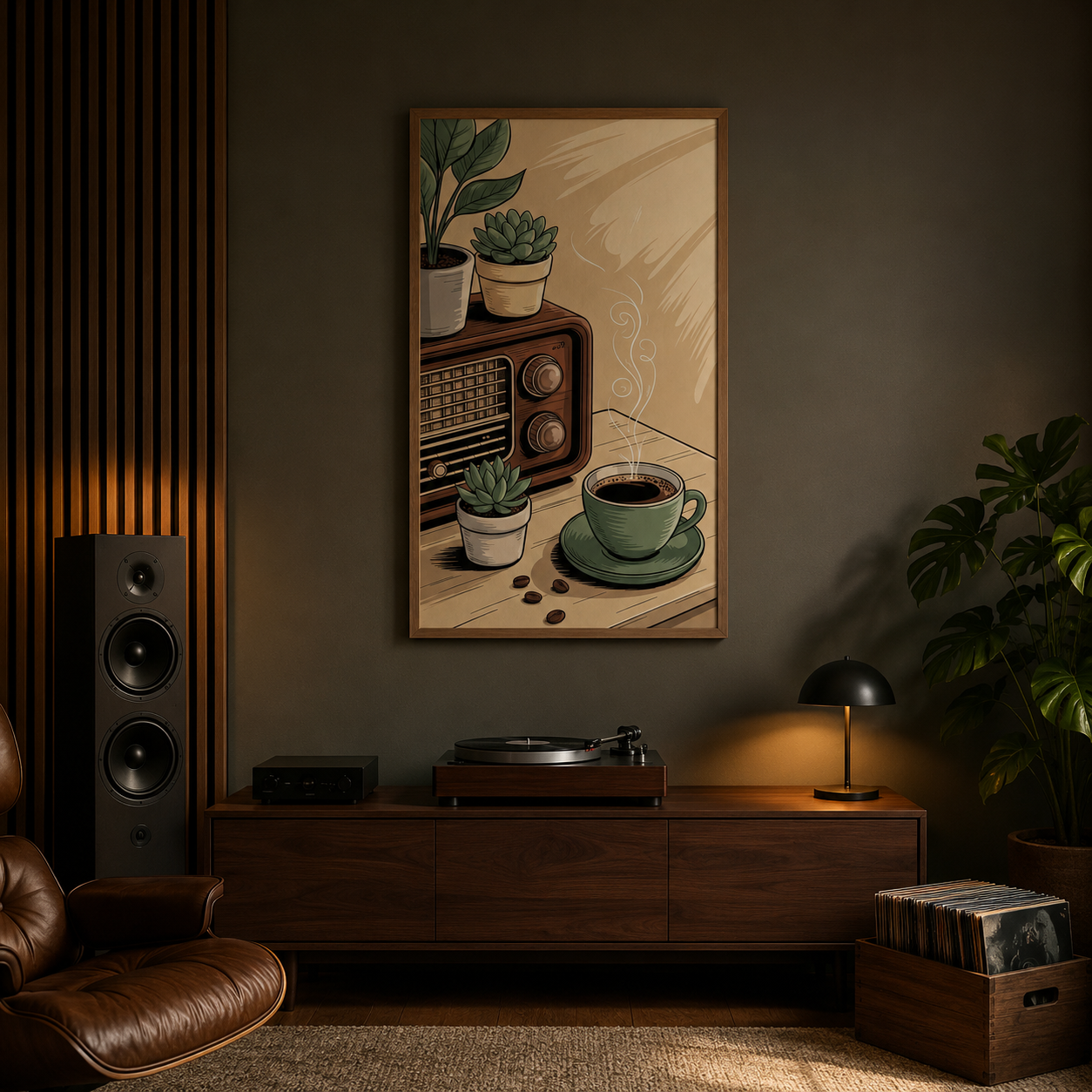 Radio With Coffee Cup acoustic painting on PET felt canvas