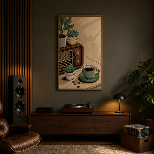 Radio With Coffee Cup acoustic painting on PET felt canvas
