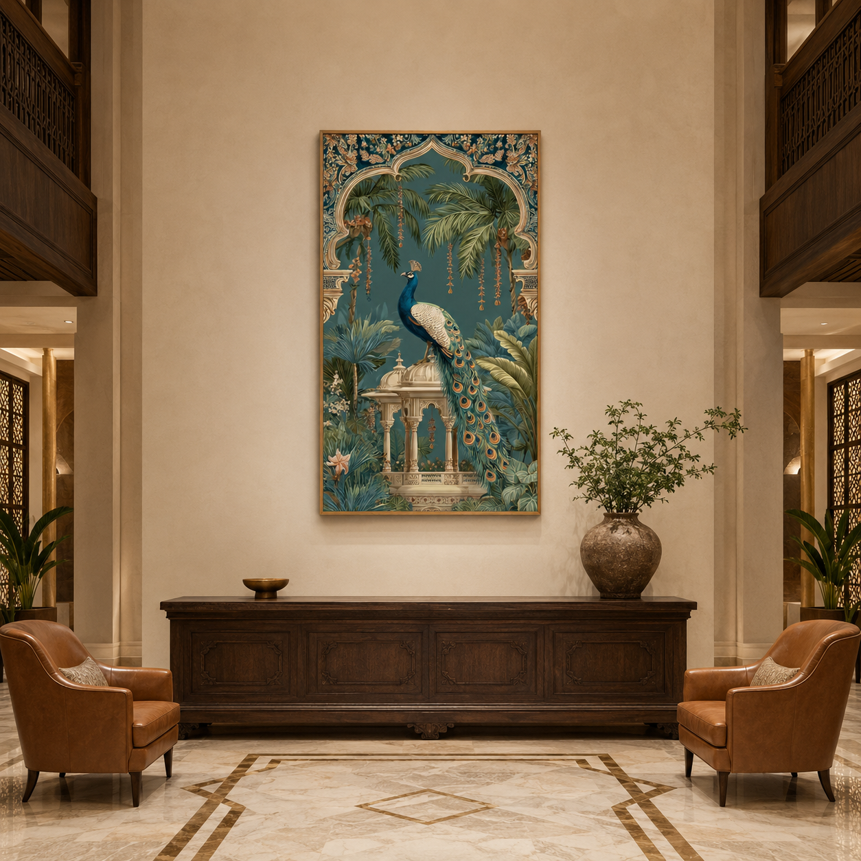 Peacock in Archway acoustic painting on PET felt canvas