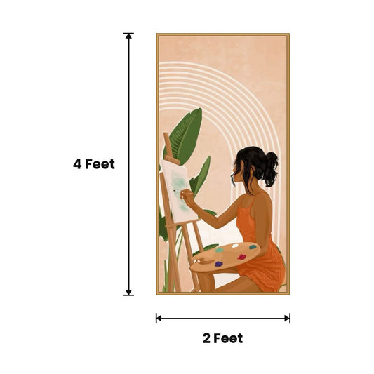 Woman Painting At Easel acoustic painting size guide, 4 x 2 ft