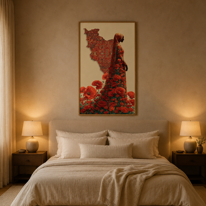 Woman With Red Poppies acoustic painting on PET felt canvas