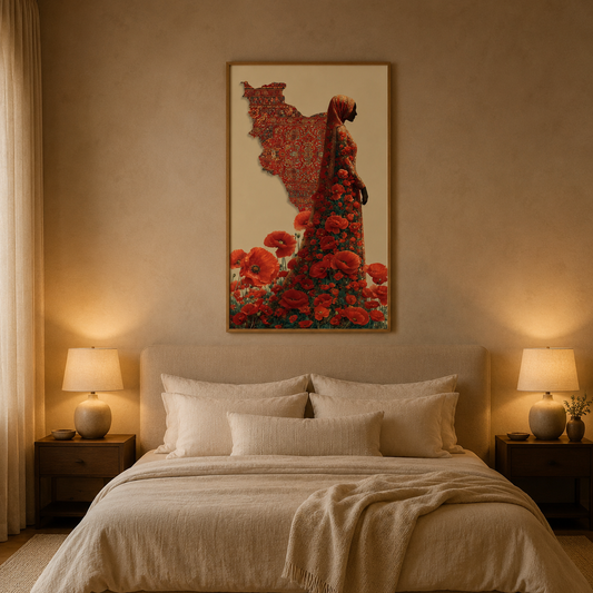Woman With Red Poppies acoustic painting on PET felt canvas