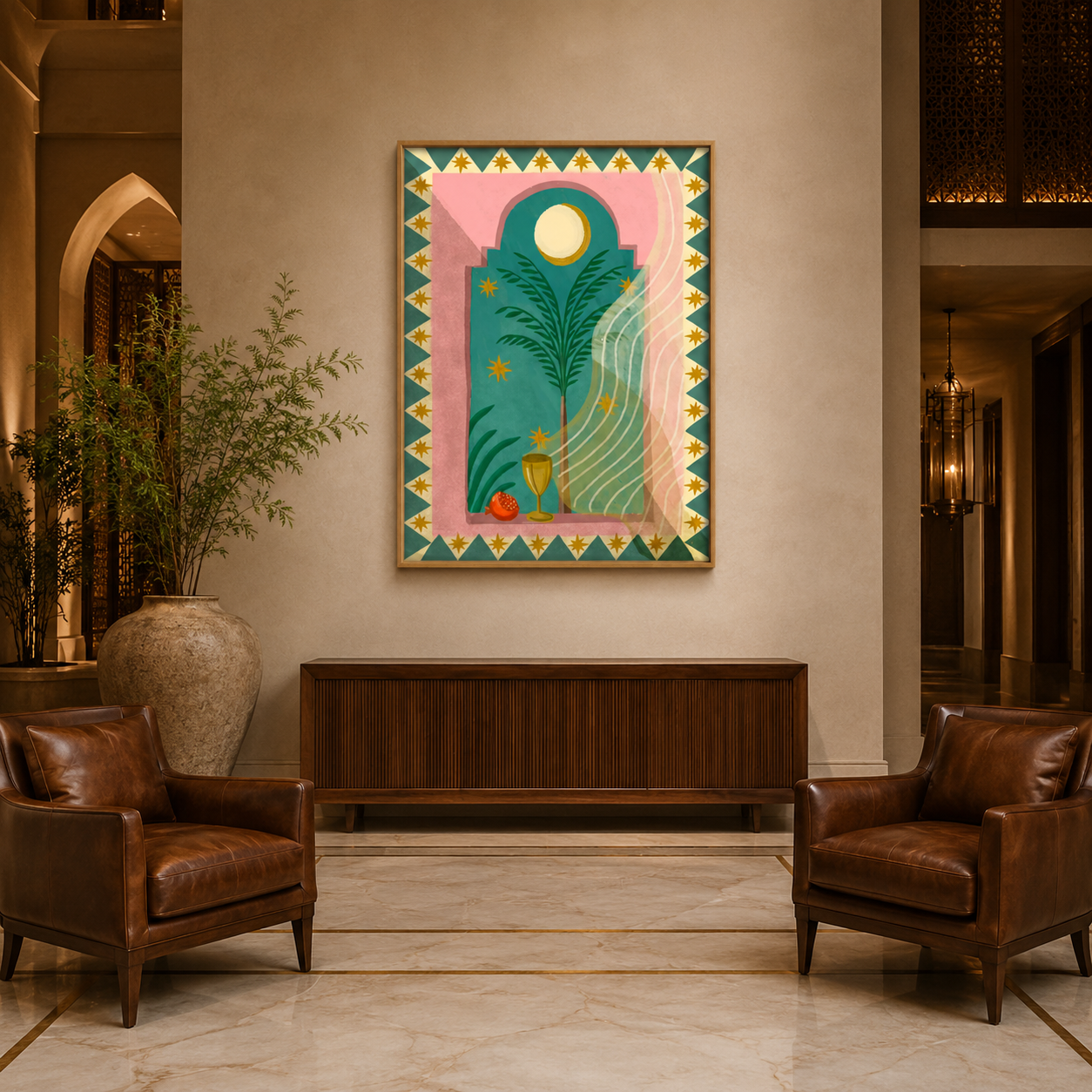Arch Window Palm Stars acoustic painting on PET felt canvas
