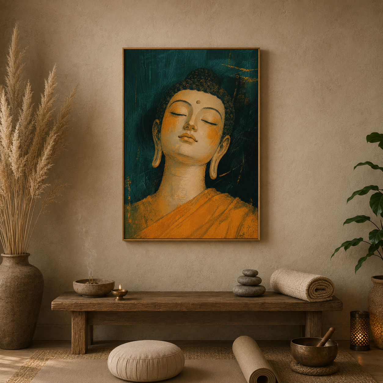 Buddha Face Orange Teal acoustic painting on PET felt canvas