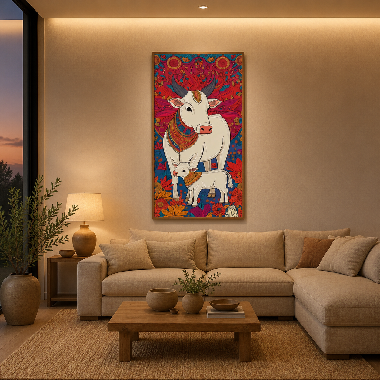 Cow And Calf Floral acoustic painting on PET felt canvas