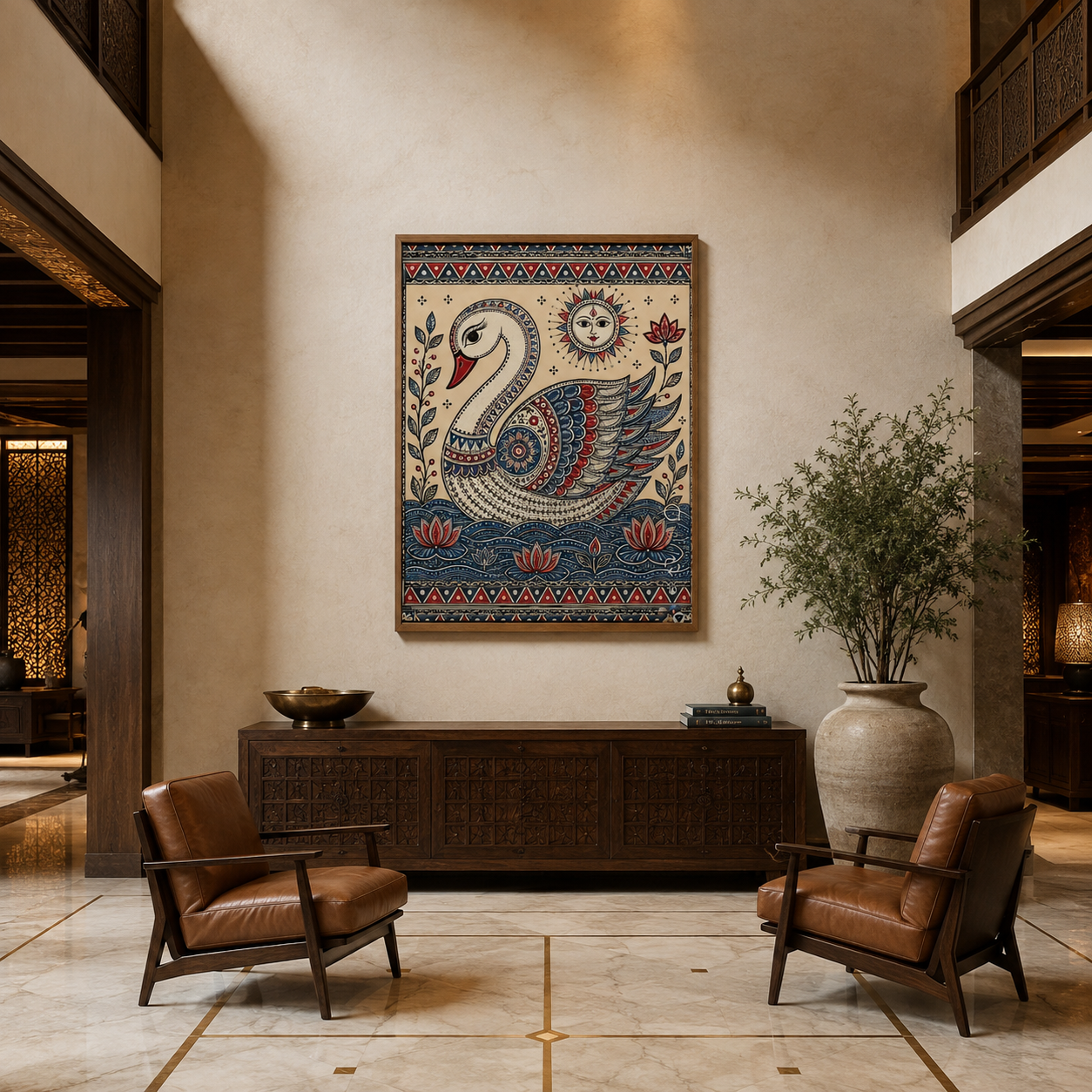 Kantha Peacock Blue acoustic painting on PET felt canvas