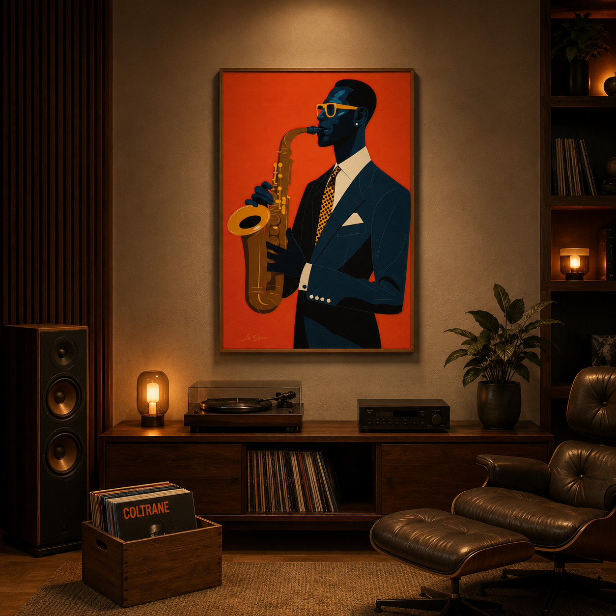 Saxophone Player Orange Deco acoustic painting on PET felt canvas
