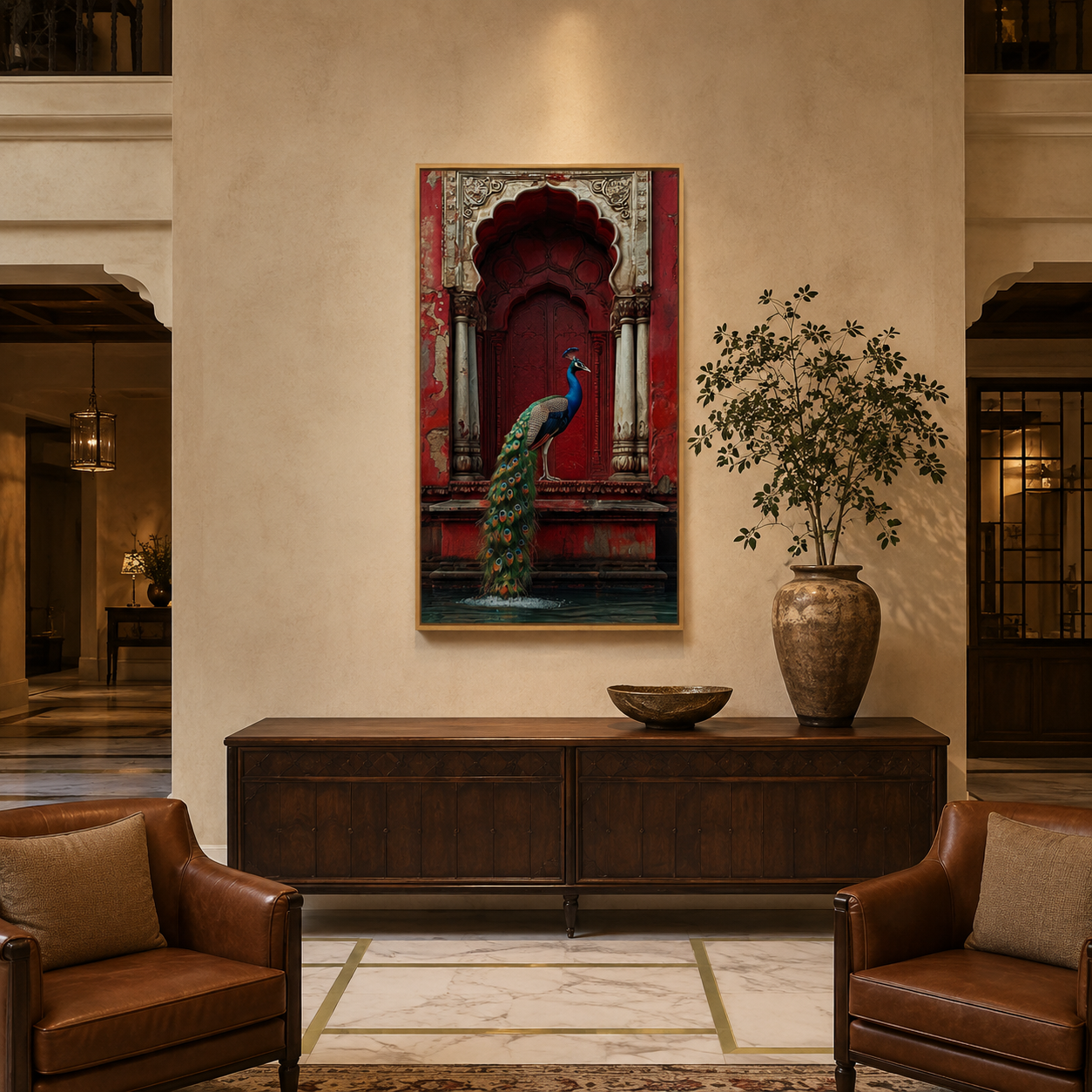 Peacock Red Haveli Arch acoustic painting on PET felt canvas